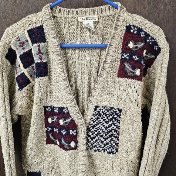 Vintage Talbots Patchwork Floral Knit Wool Blend Cardigan Sweater Size Small - Picture 3 of 6